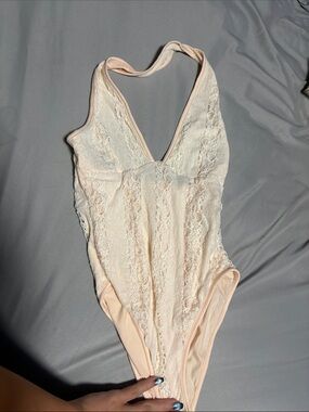 Sheer Lace Halter Bodysuit in Light Peach